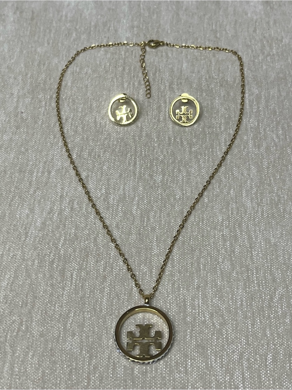 Gold Logo Circle Pendant Necklace and Stud Earrings Set